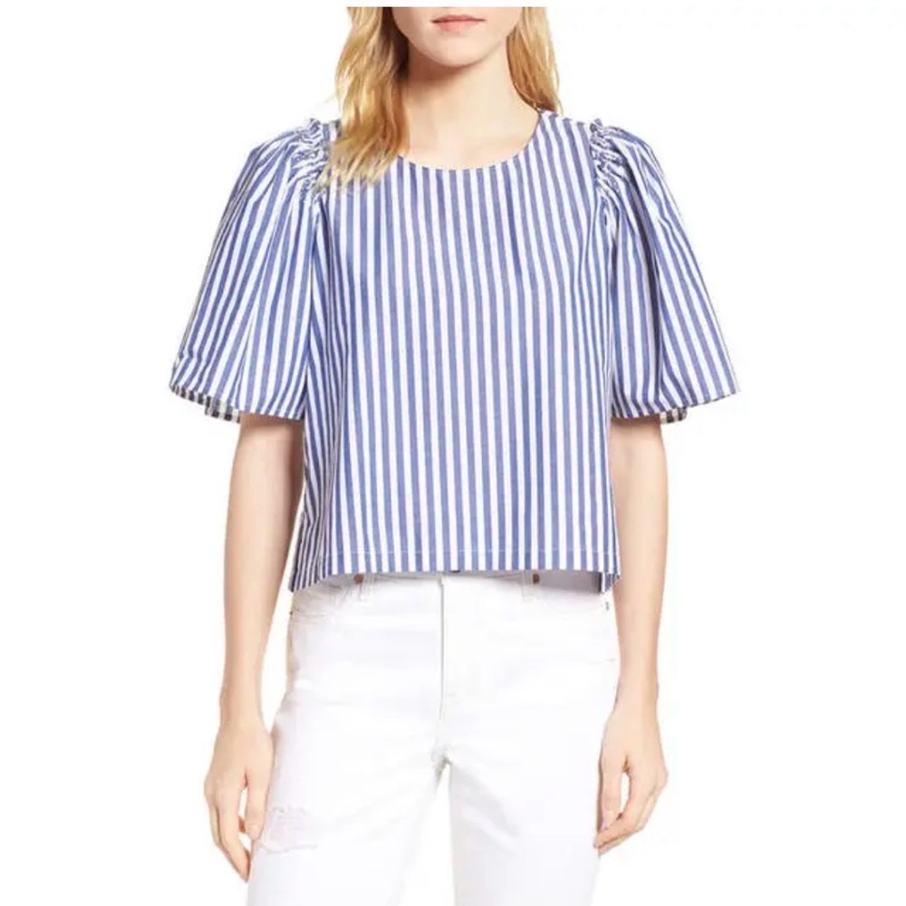 Striped Puff-Sleeve in Navy and white by SHEIN